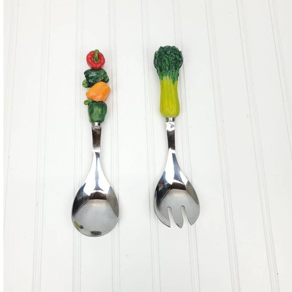 Stainless Steel Salad Servers with Vegetable Handles - Picture 1 of 7